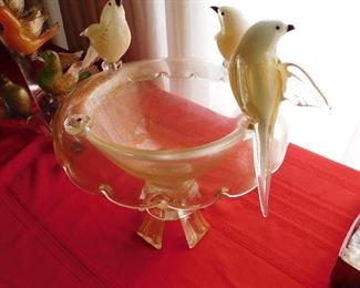 Murano glass sculpture with birds sitting around bowl