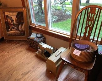 Vintage hats and boxes; Sewing machine