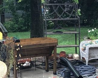 Bakers' rack for outside; potting bench, misc.