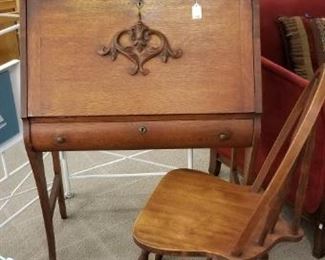 ANTIQUE DROP FRONT SECRETARY AND CHAIR