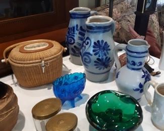 Art glass, vanity set, salt glazed pottery
