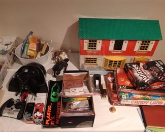 Vintage tin toy house with accessories