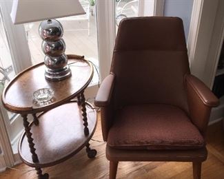 Cool mcm chair and tea/bar cart with barley twist legs