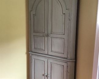 Ethan Allen very tall, two piece, Seafoam Corner Cabinet