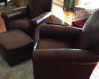 Two Brown Leather Ethan Allen Club Chairs with Ottoman and Small Triangle Table -Gorgeous!