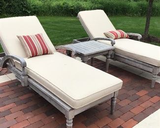 TWO Teak Wood Chaise Lounges and Side Table with Cushions