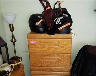 2 night stands, 2 helmets and leather purses