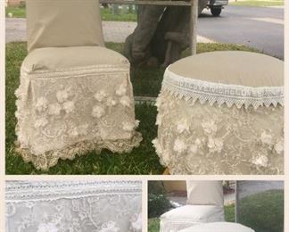 beautiful slipcovered  chair and ottoman made with vintage lace and petticoats