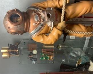 6 foot tall vintage deep sea diver  & frameless glass display case