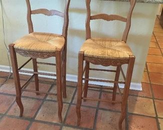 Country French pine ladder back  bar stools with rush seats-excellent condition