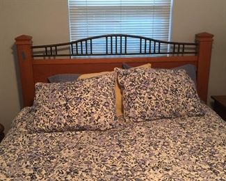 Thomasville queen headboard- oak and iron-also selling designer comforter and pillow shame