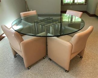 Retro Glass Dining/Game Table w/Brass & Silver Base  &  4 - LEATHER CENTER Chairs