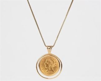 7: 1900 Liberty 5 Dollar Gold Coin Pendant, 14K Necklace
