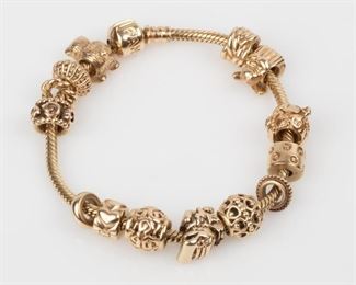 19: Pandora 14k Bracelet with Retired 14K Charms, Spacers & Clips