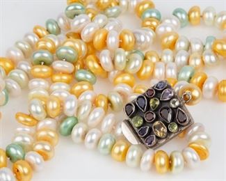 56: Tri-Color Potato Pearl 56" Necklace, 925 Gemstone Clasp