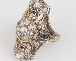 66: 18K Art Deco Diamond and Synthetic Sapphire Ring