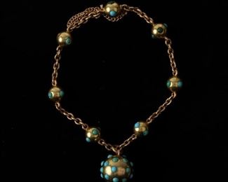 69: 14K Victorian Turquoise Cabochon Locket Bracelet