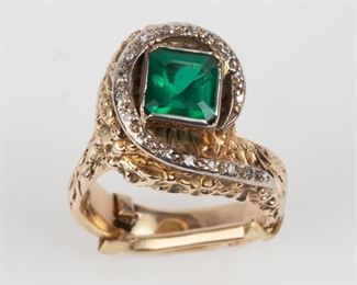 79: 18K Synthetic Emerald and Diamond Ring, 10.4dwt