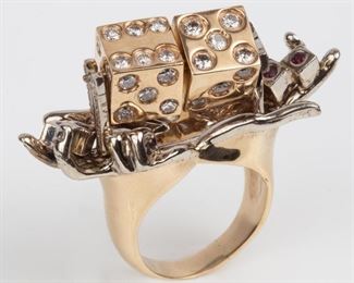 91: 14K Spinning Dice Ring 4.20ctw Diamond, Ruby Snake Eyes