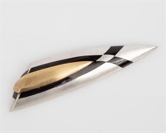 95: Tivol Sterling 18K Modernist Brooch with Onyx Inlay