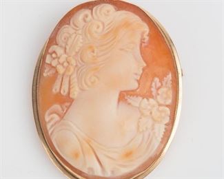 106: 14K Gold Shell Cameo Pin Pendant, 2" Tall