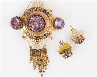 108: 14K Victorian Amethyst w/ Diamond Chip, Brooch & Earrings Set