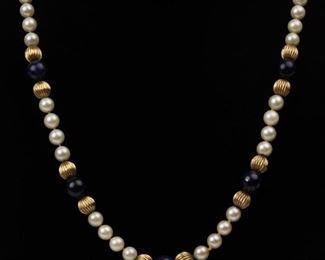 117: 14K Gold, Akoya Pearls & Lapis Necklace