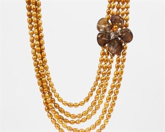 120: 5-Strand Golden Pearl Necklace, Mother-of-Pearl Flower