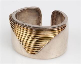 122: Sterling 18K GP Modernist Heavy Hinged Cuff Bracelet