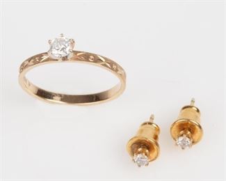 124: Lot Gold Diamond Earrings and CZ Solitaire Ring