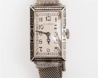 128: Vintage Illinois 18K White Gold Art Deco Watch