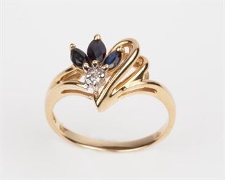 129: 14K Sapphire Marquise and Diamond Ring, Size 6