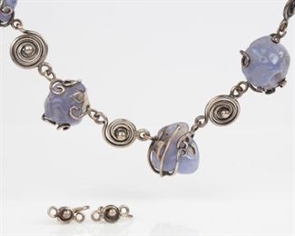 133: Modern 925 Necklace & Earring Set, Polished Dyed Quartz, Signed