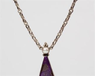 136: Sterling Native American Necklace, Stone Pearl Pendant, Signed