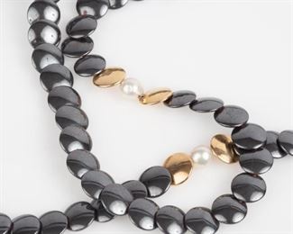 143: Hematite, 18K Gold Discs & Akoya Pearl Necklace