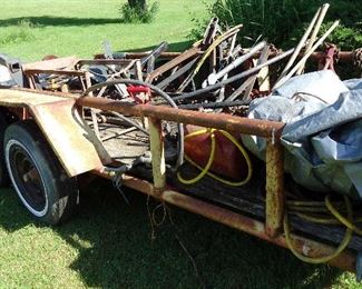 FLATBED TRAILER  4 WHEELS BRAKES & MUCH MISC. FARM EQUIP. INCLUDING 3 POINT HITCHES AND MORE. 