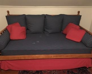 Day Bed with trundle; beautiful cherry frame and custom upholstery.