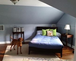 Pottery Barn Bed, Berber Rug, CD Player, Brass Candlestick Lamp