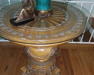Grand Brown Carved Round Table W/ Glass Top (California Manufacturer)