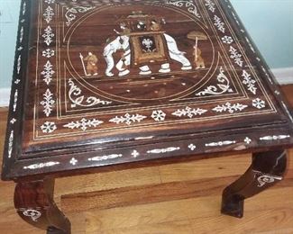 Inlaid International Wooden Table W/ Elephants & Carvings