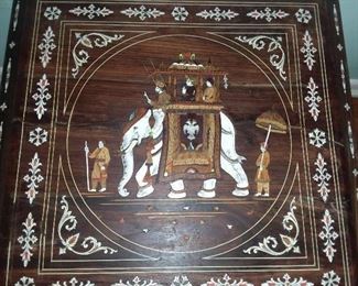 Inlaid International Wooden Table W/ Elephants & Carvings