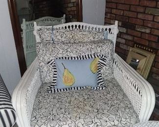 White Wicker Chair W/ Black & White Upholstery