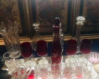 Cut glass and ruby cut to clear decanter