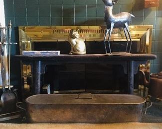 Brass fish cooker, primitive bench