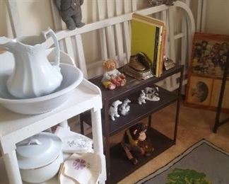 Full size metal bed, small wash stand