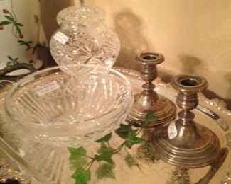 Silver plate tray and sterling candleholders