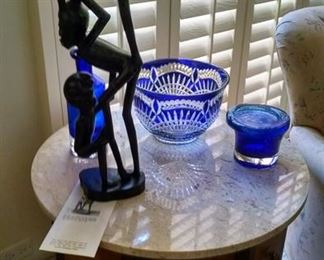 Blue Glass, marble top end table , Statue