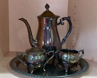 Silverplated tea set and tray