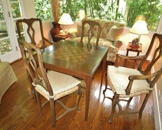 Walnut Game Table w/ 2 Side and 2 Armchairs; 