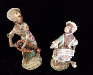 Two Antique Meissen Monkey Musicians